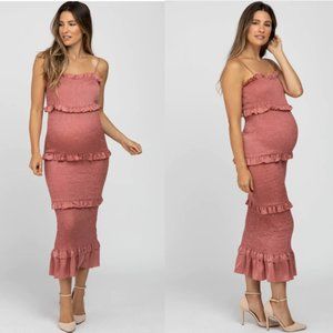 Mauve Satin Smocked Fitted Maternity Midi Dress, Size MED